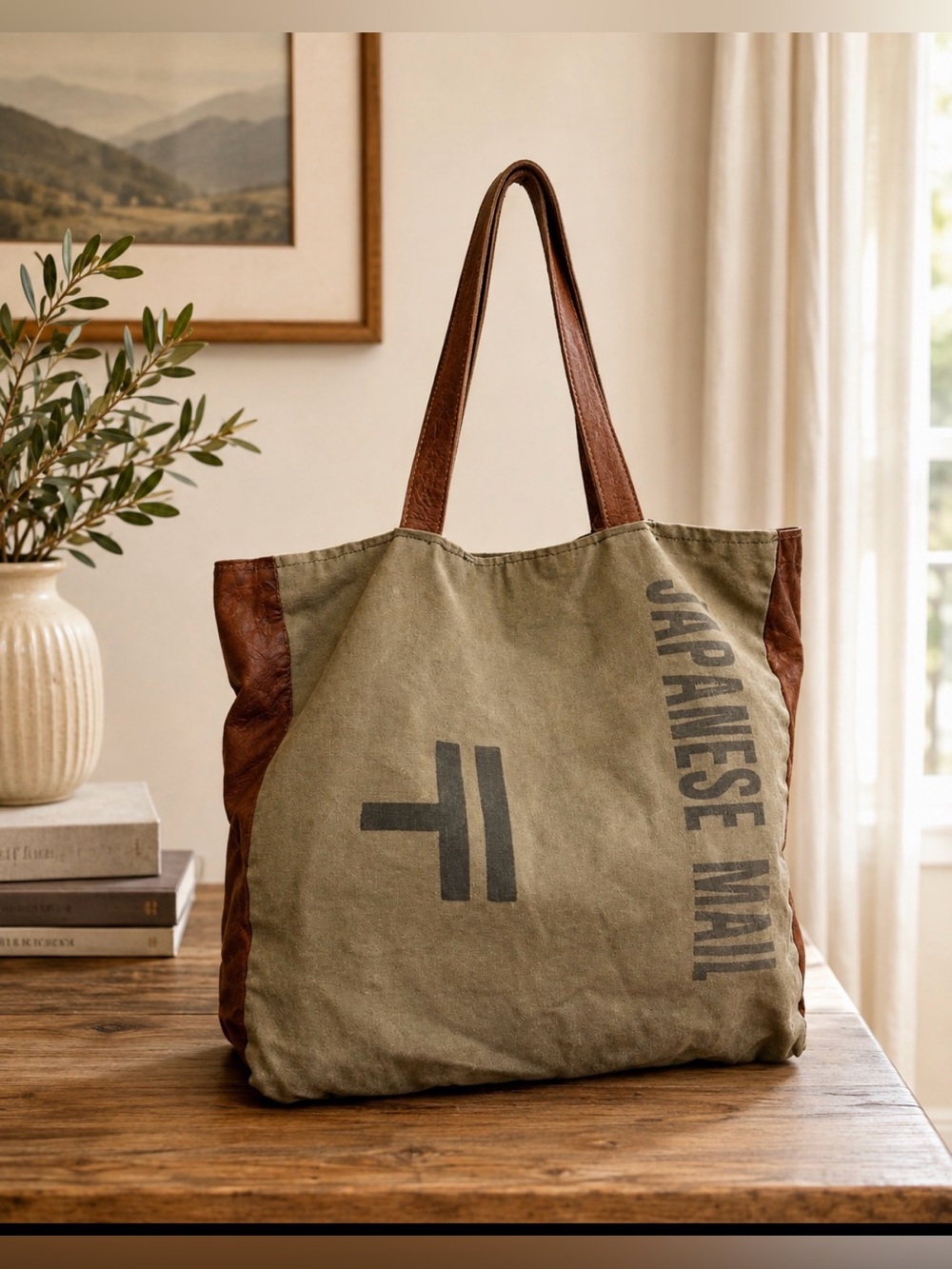 Source Unknown green Canvas shoulder Bag with Brown Leather Trim Japanese mail